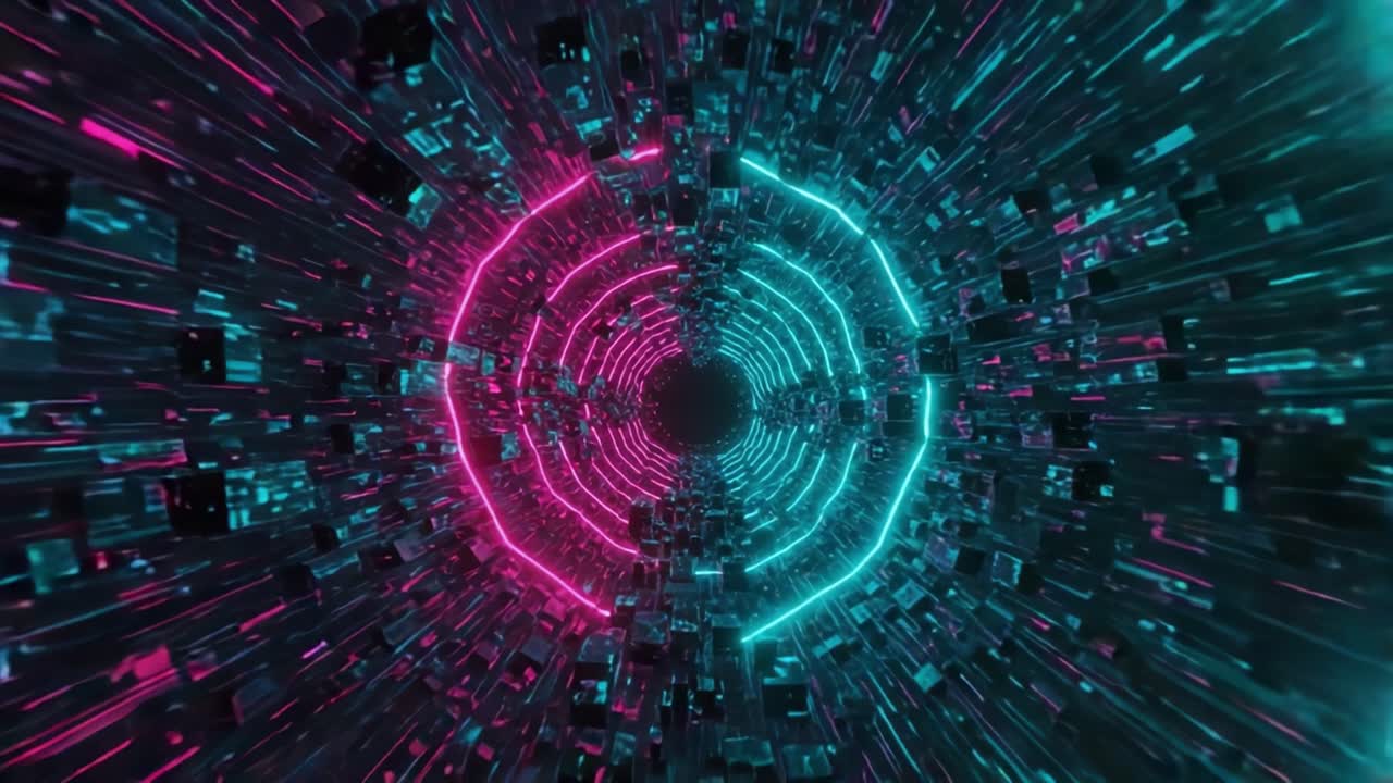 Vibrant Light Tunnel with Neon Colors and Cubic Elements, Creating a Dynamic Visual Experience of Depth and Energy in a Futuristic Environment