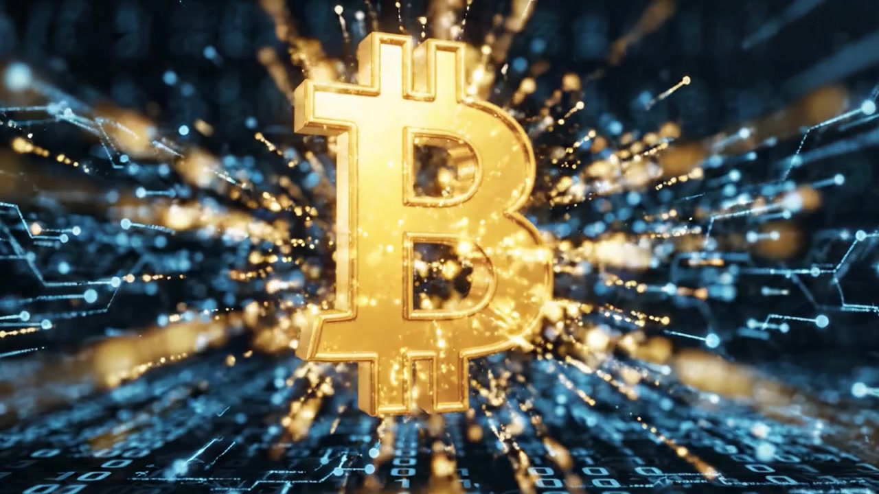 Simbolo dorato di Bitcoin che si trasforma in un dinamico sfondo digitale, rappresentando l'evoluzione delle criptovalute e i progressi della tecnologia blockchain.