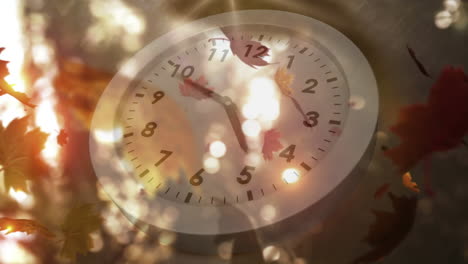 white clock and falling leaves