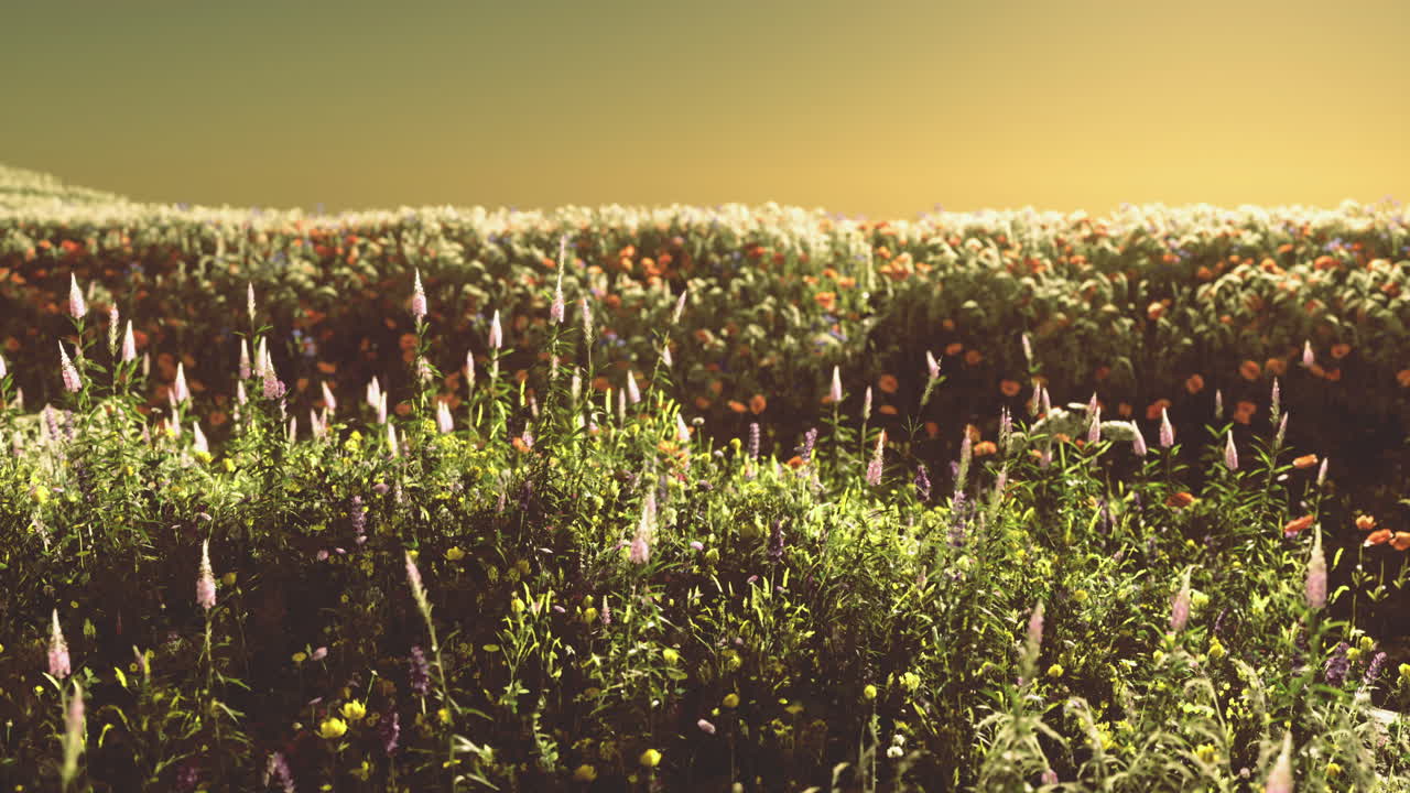 Vibrant wildflowers bloom under a golden sunset in a tranquil meadow