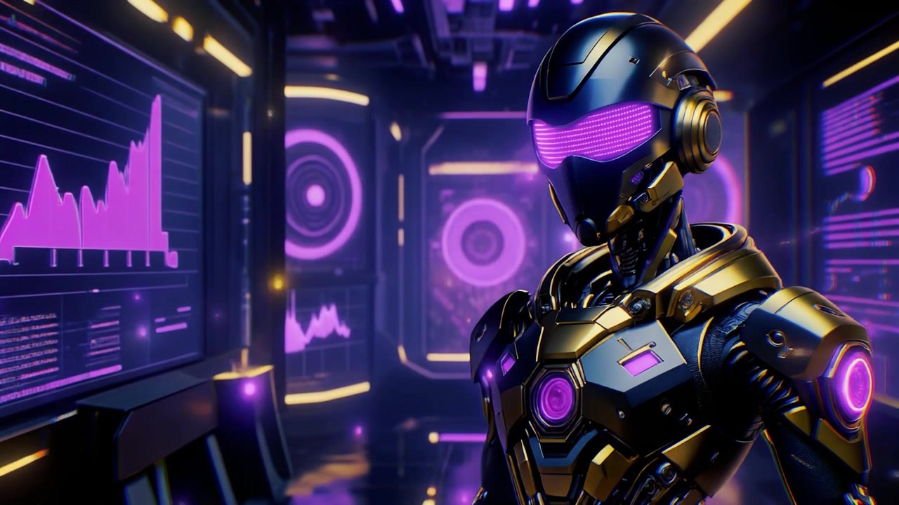 Cyborg futuristico in piedi in un data center ad alta tecnologia