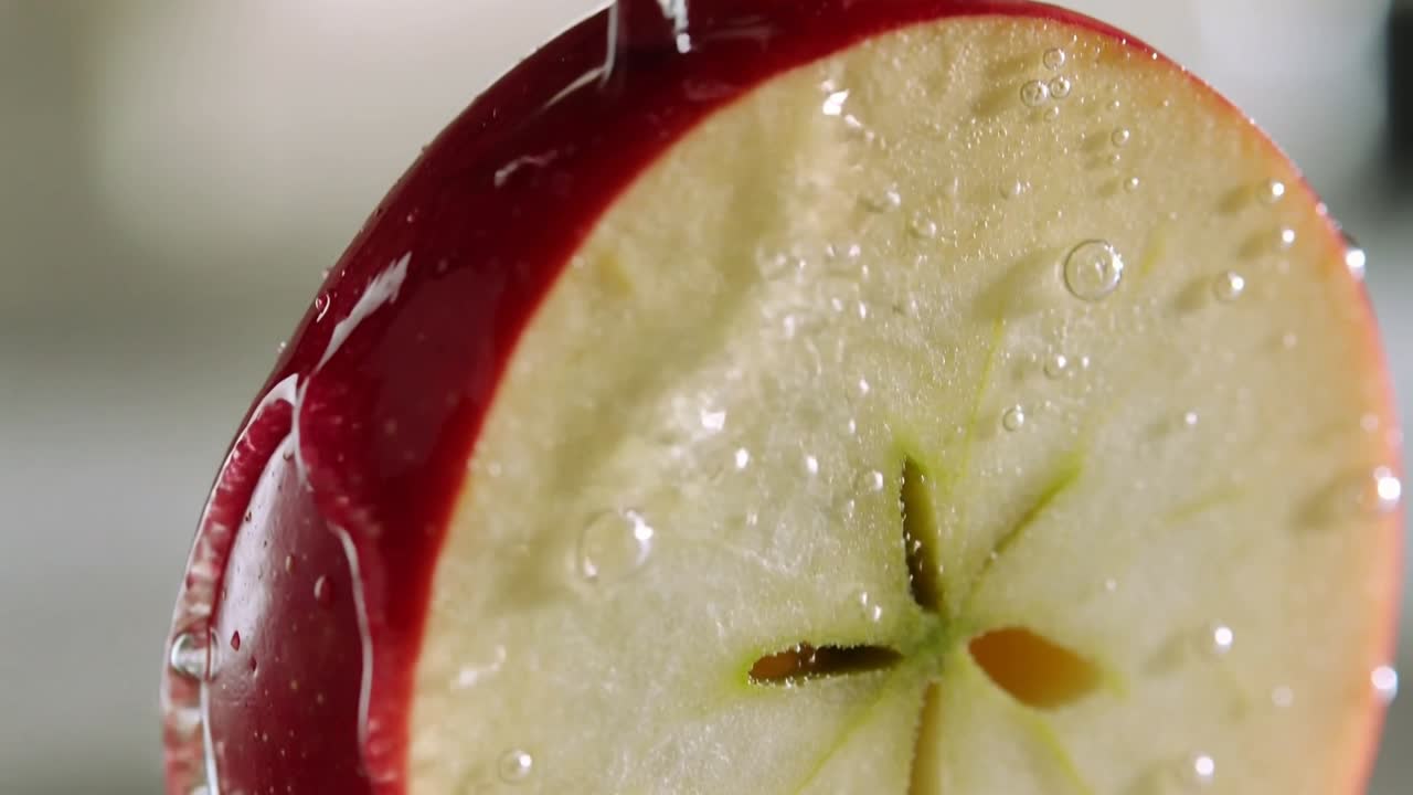 Spraying thin metal spout wetting halved red apple on counter, forming gloss droplets for styling
