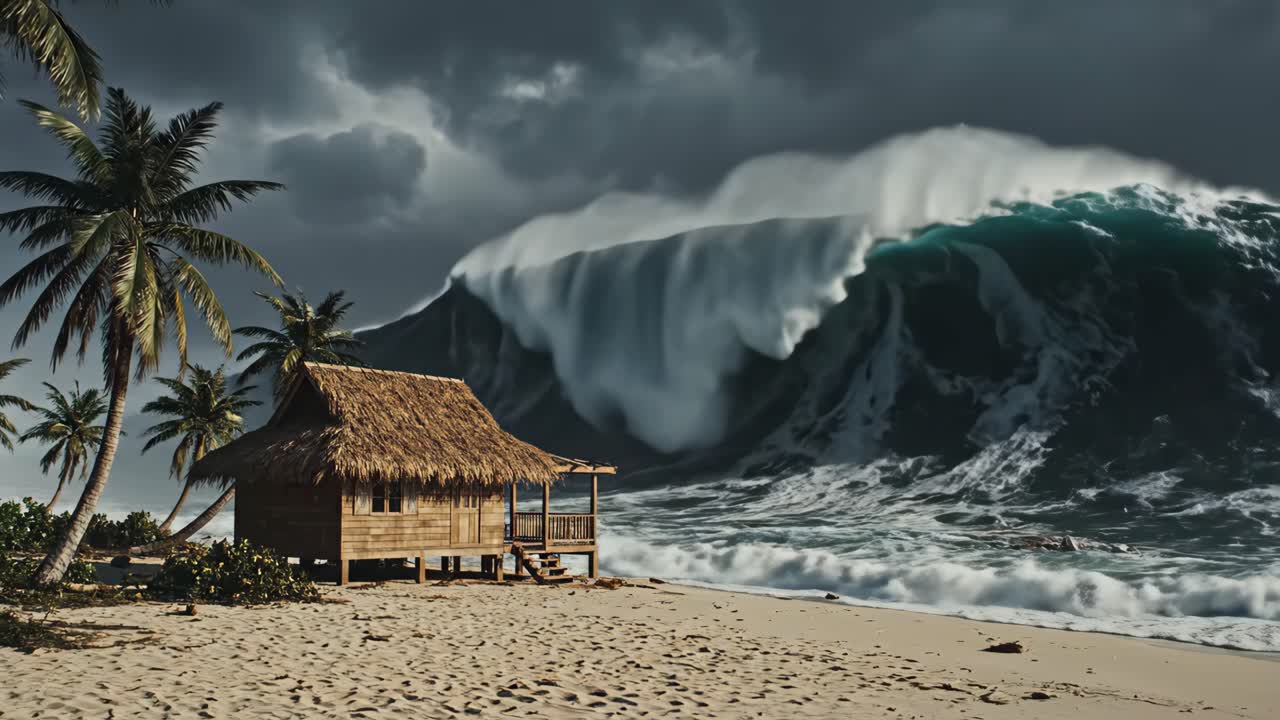 Tsunami Wave Destroying House on Beach