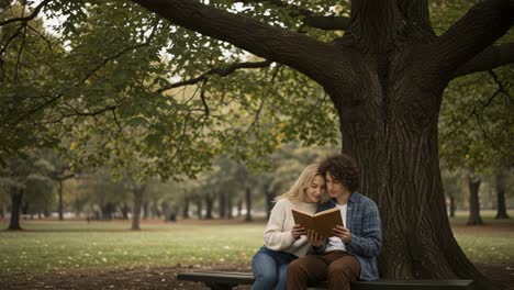 couple reading a book together in a park