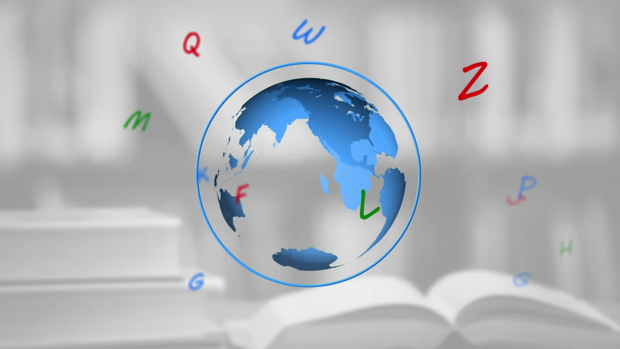 composición digital de múltiples alfabetos flotando sobre el globo giratorio contra la biblioteca