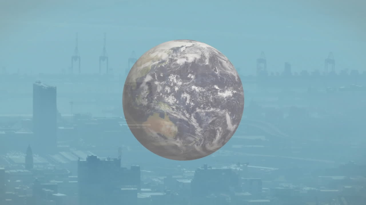 Animation of Earth floating above cityscape with cranes and buildings in background