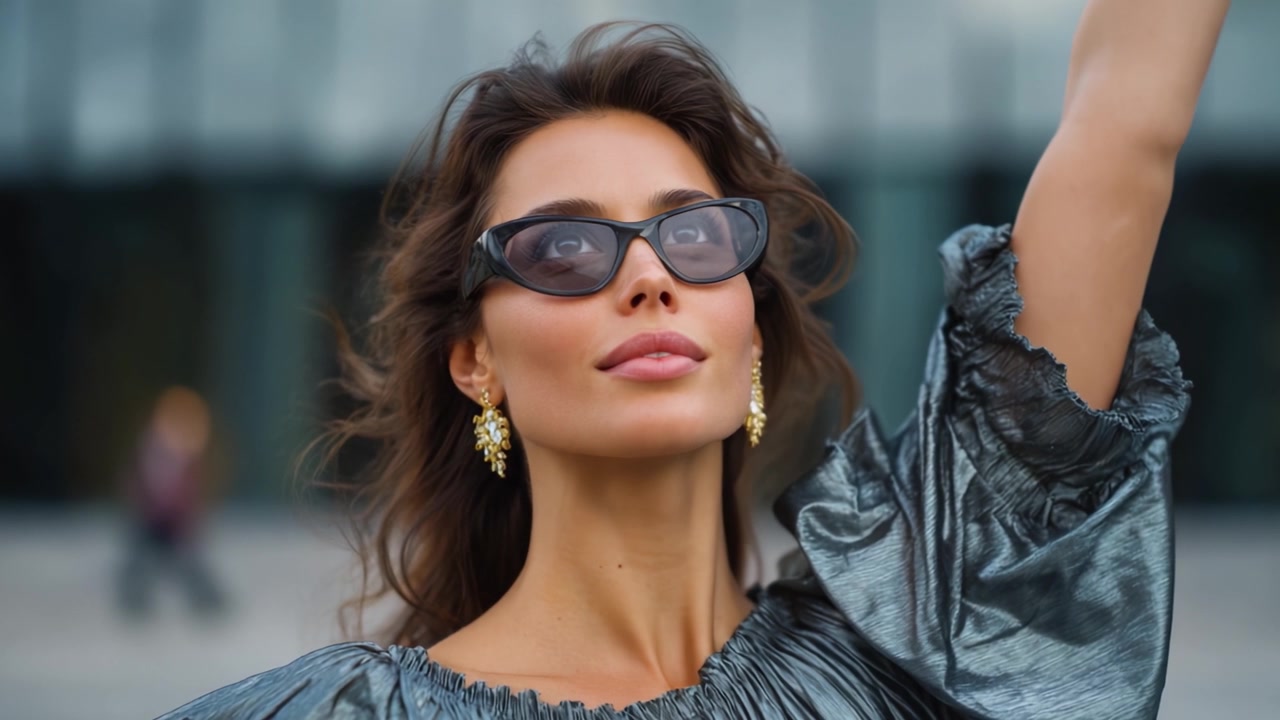 Stilfuld kvinde med solbriller omfavner øjeblikket med selvtillid og ynde, der udstråler elegance i smukke omgivelser med smarte modevalg og accessories.