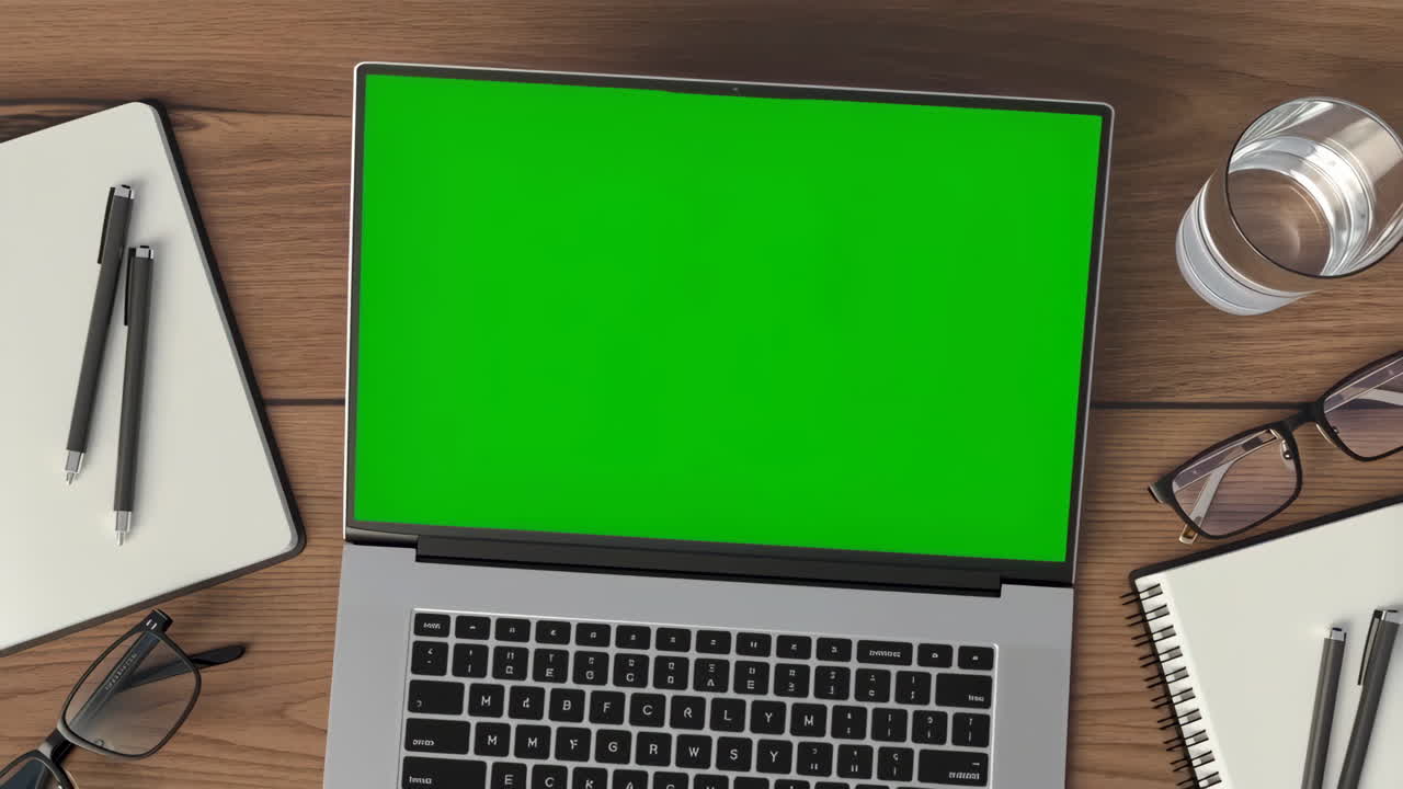 Top-down view of a Laptop with Green Screen on a Wooden Desk with Office Supplies