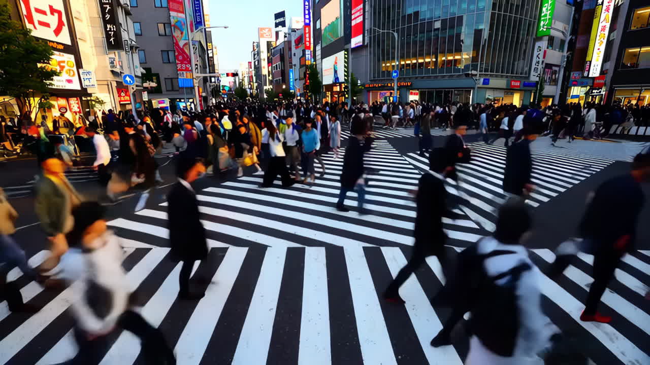 People Crossing a Busy Street in a Japanese Metropolis