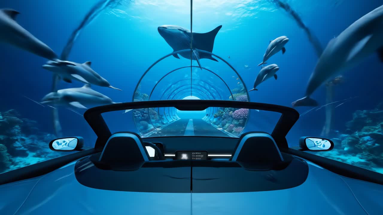 Underwater Car Adventure Through a Marine Tunnel