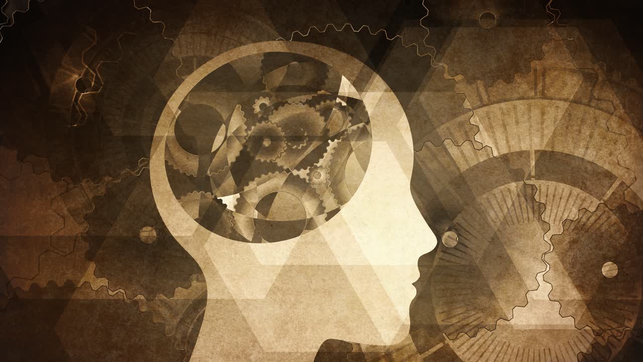 Голова человека с вращающимися механическими шестернями и зубцами внутри, символизирующая мыслительные процессы, интеллект и сложный ум, сепия, ретро-анимация