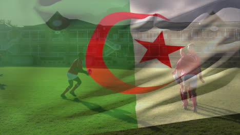 practicing soccer, players on grassy field with algerian flag animation overlay