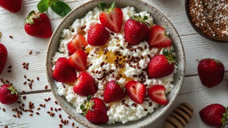 queso cottage con fresas, miel y semillas de lino