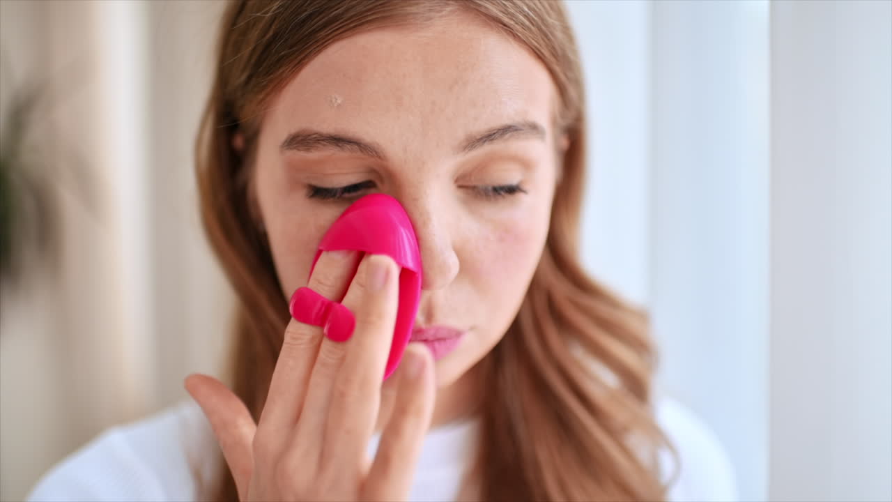 Woman applying makeup with a pink sponge