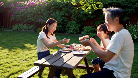 Happy Family Enjoying Pizza Outdoors in the Garden