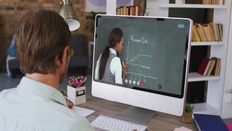 estudiante caucásico usando la computadora en videollamada con una maestra
