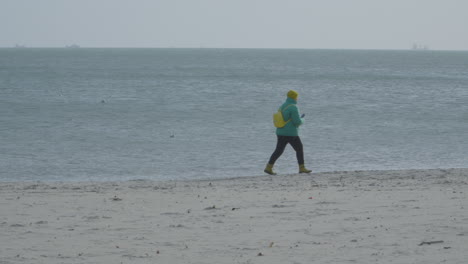 lone person walking through peaceful sandy foreshore in a misty morning