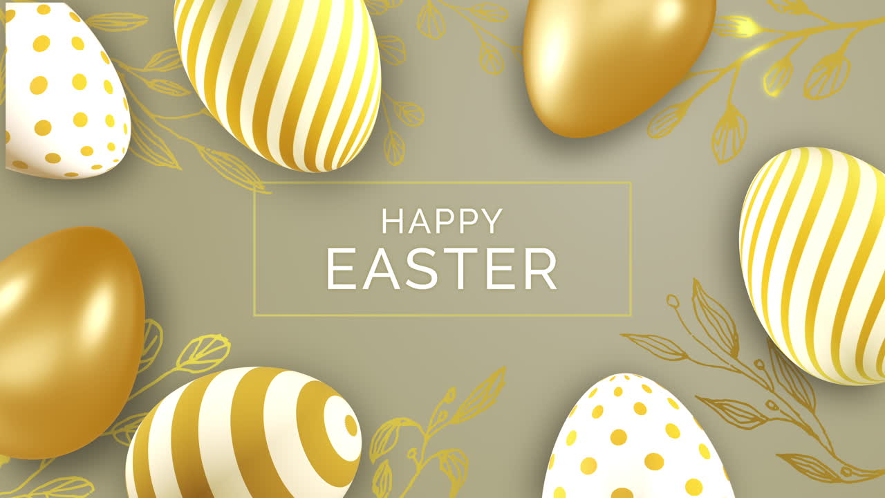 Set of Easter eggs with different texture. Happy Easter background with plant ornament. Realistic looped 3D animation.