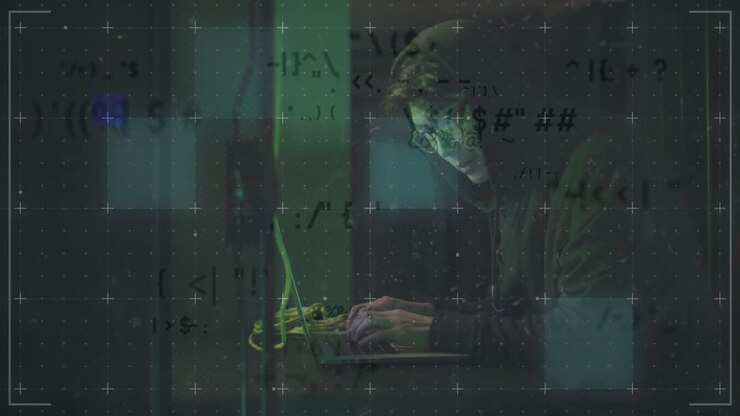 Animation af data over asiatisk mandlig hacker i hættetrøje, der bruger bærbar computer ved en computerserver