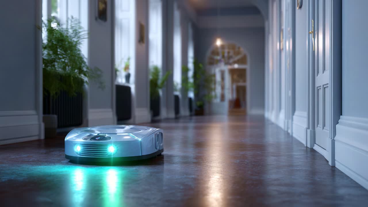 A modern robotic vacuum cleaner navigating a stylish hallway, showcasing advanced technology and sleek design for efficient cleaning in contemporary interiors