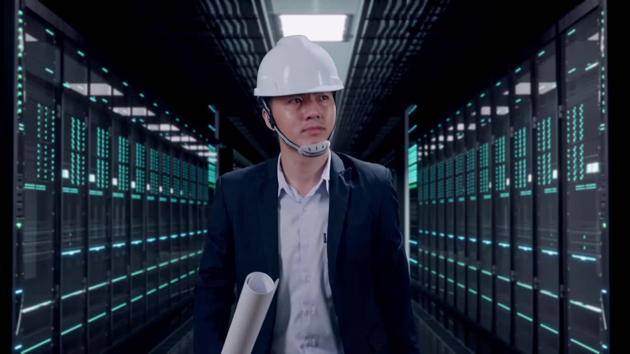 Front View of Asian Businessman Holding Blueprint While Walking in Server Room Data Center