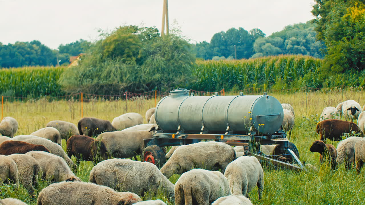 A herd of sheep gaze contentedly on lush green grass infront of a corn field on a cloudy day. Ideal for agricultural, environmental, or travel-related productions