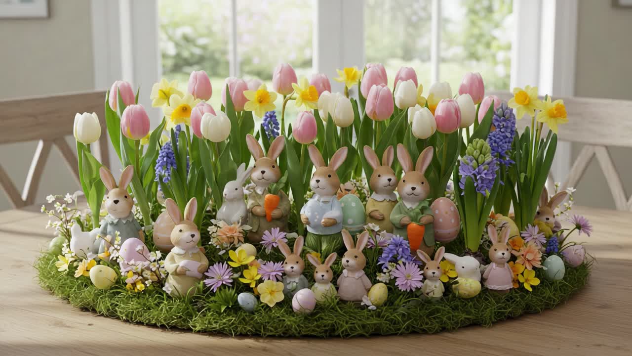 A Beautiful Spring Scene Featuring Adorable Bunny Figurines Surrounded by Colorful Flowers and Easter Eggs, Capturing the Joy of the Season in a Home Decoration