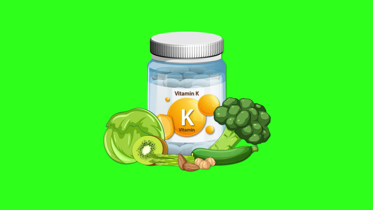 Vitamin K supplement bottle and green vegetables appear together on bright green background, smooth transitions