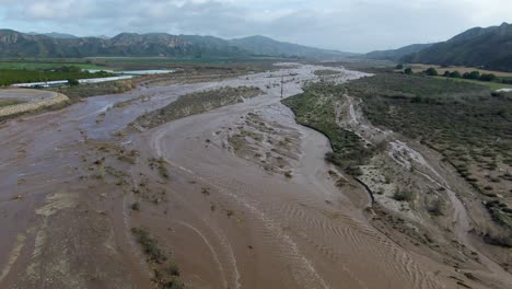 santa clara river after heavy rainfall, aerial drone footage