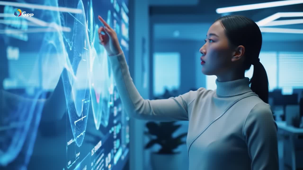 Business Woman Interacting with Digital Data Visualization