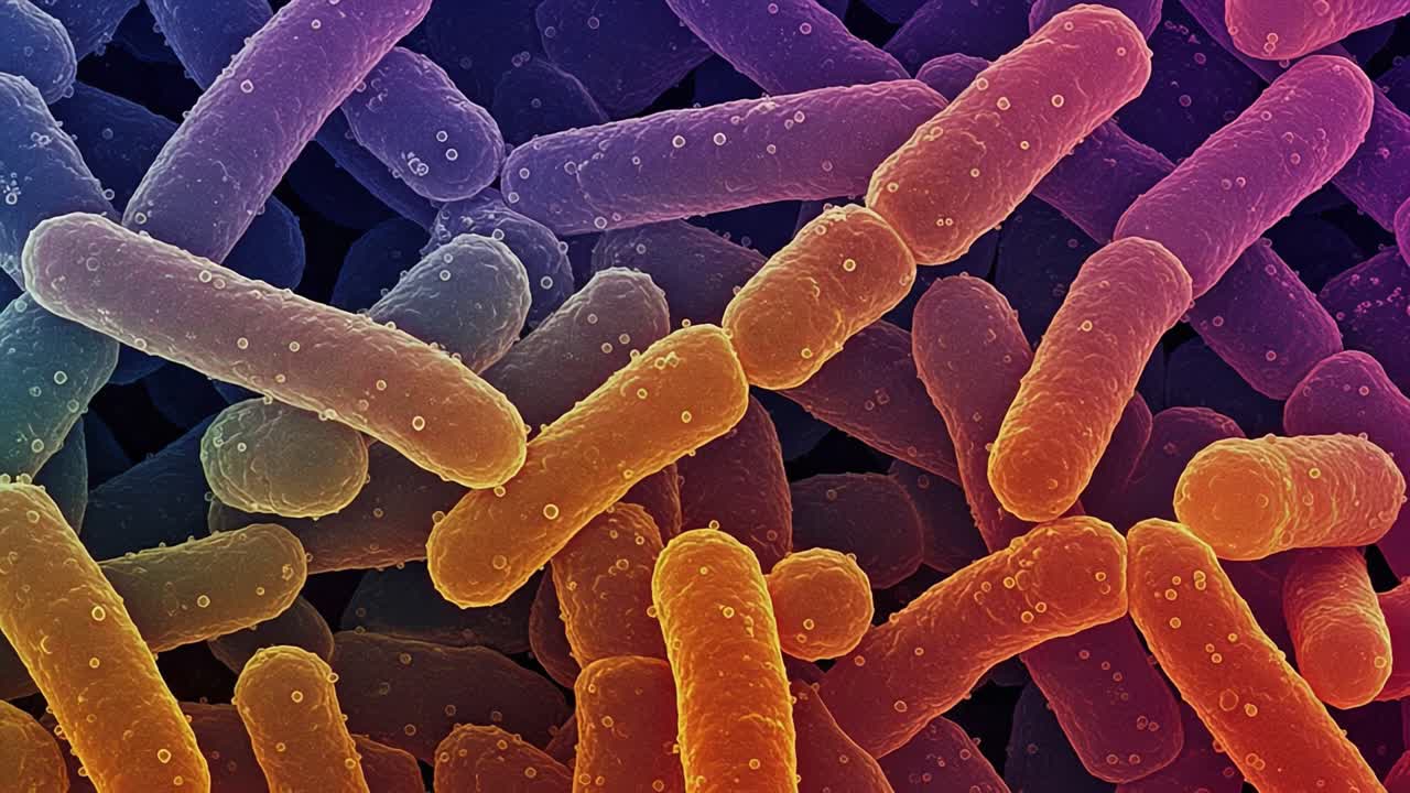 Microscopic View of Colorful Bacterial Structures: A Stunning Display of Microorganisms Under High Magnification