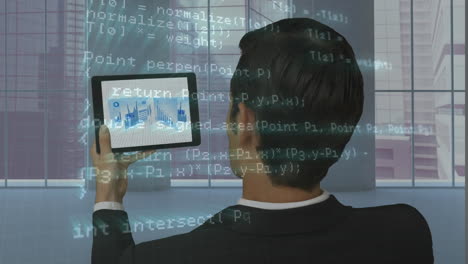 animation of data processing over businessman using tablet