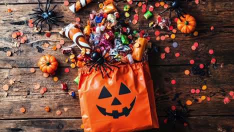 Halloween-Candy-Bag-with-Spiders-and-Pumpkins-on-Wooden-Table