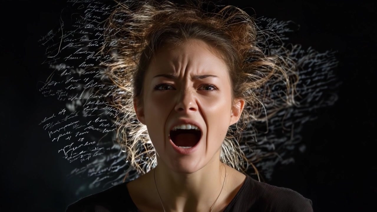 Intense Emotional Expression: A Woman's Distress Captured as She Screams, Highlighting the Raw Power of Human Emotion Through Frantic Energy and Dynamic Imagery
