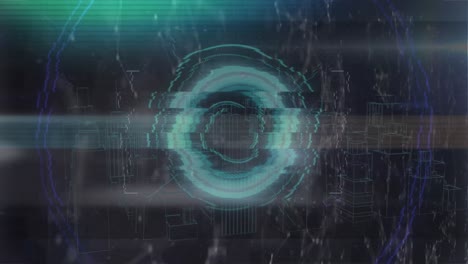animation of loading circles, connected dots and computer language over 3d model of city