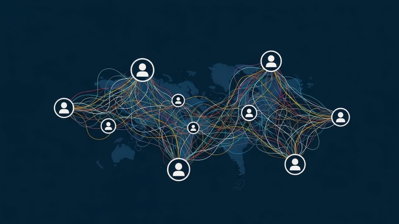 Global Networking Concept Illustrating Interconnected Individuals Through Colorful Lines on a Dark Background, Symbolizing Communication and Collaboration Worldwide