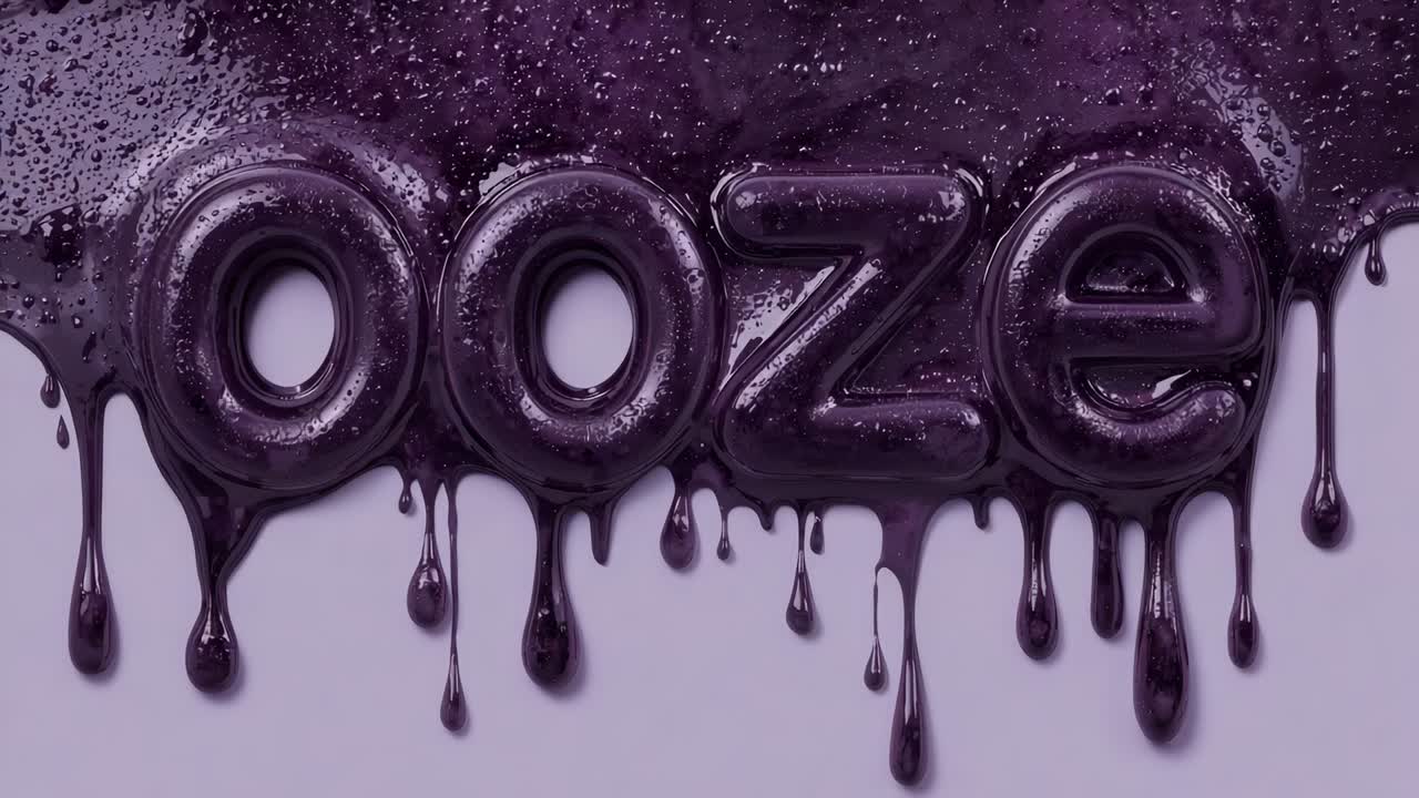 Dripping purple 'ooze' letters stretching droplets down pale lavender panel, gravity pulling beads