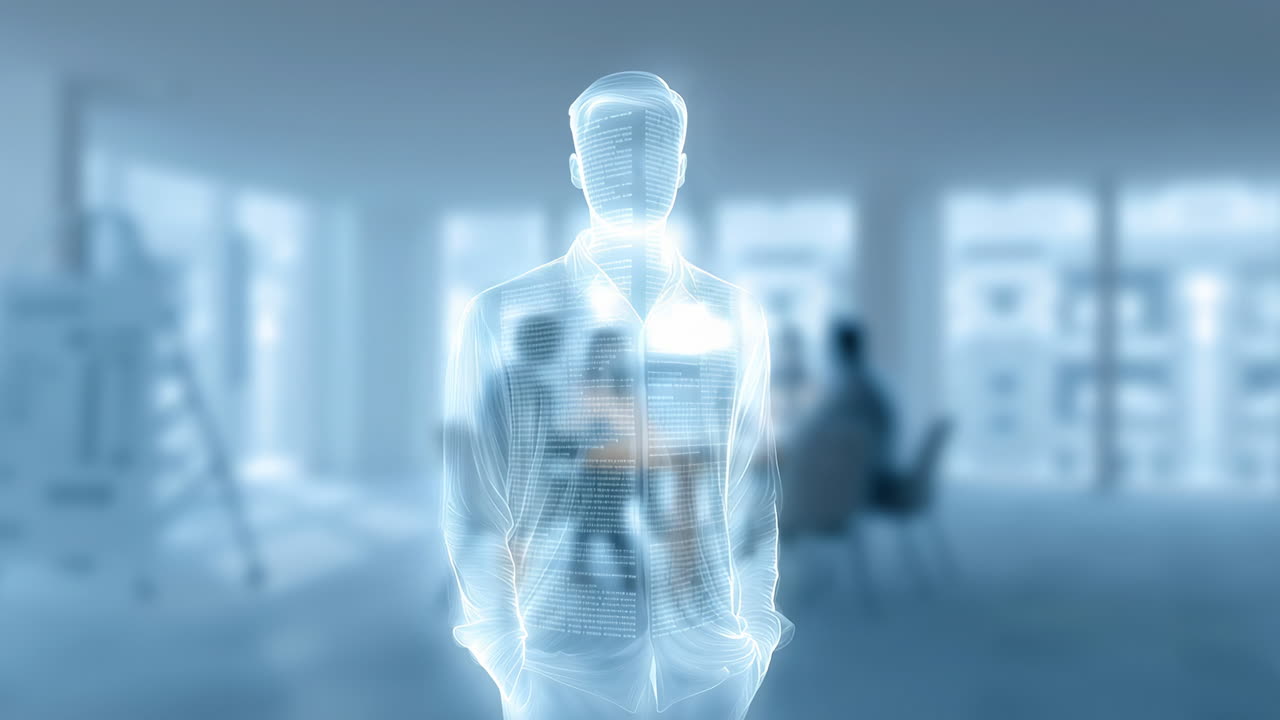 Virtual figure in a modern office space. A translucent figure stands in a bright, busy office while staff members are engaged in discussions around a table
