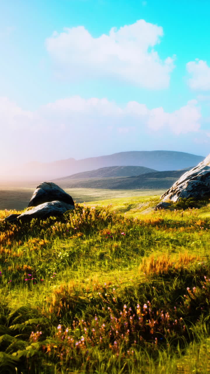 hermoso amanecer sobre un prado verde con montañas