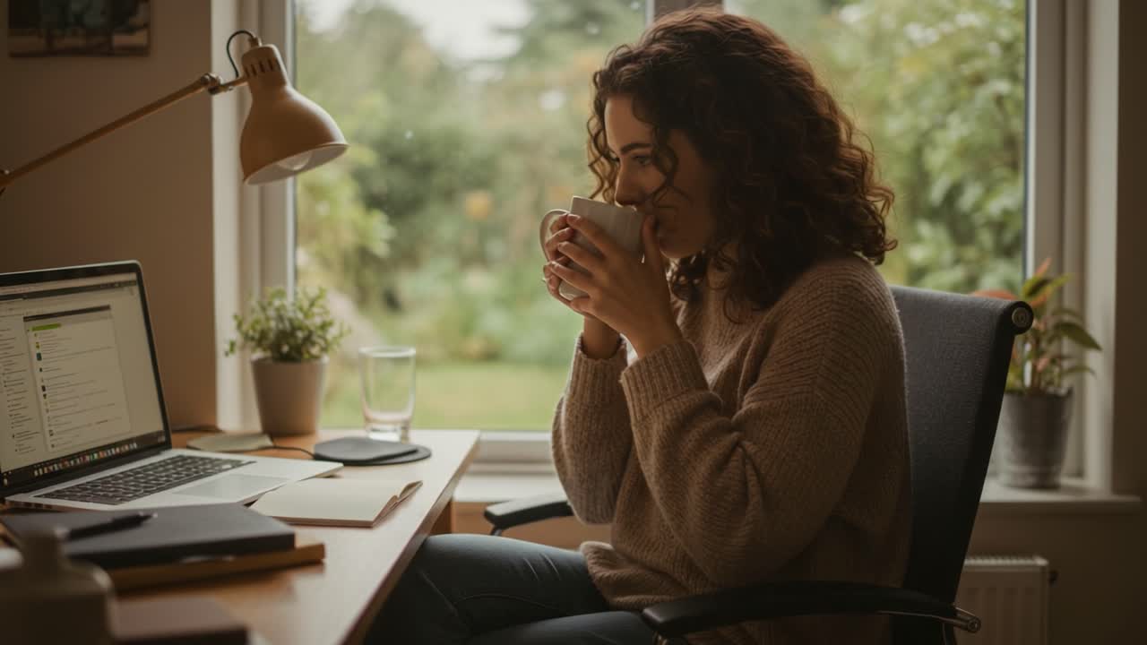 A Peaceful Moment: A Young Woman Enjoys Her Coffee While Working at Home, Surrounded by a Cozy Environment and a Lush Garden View