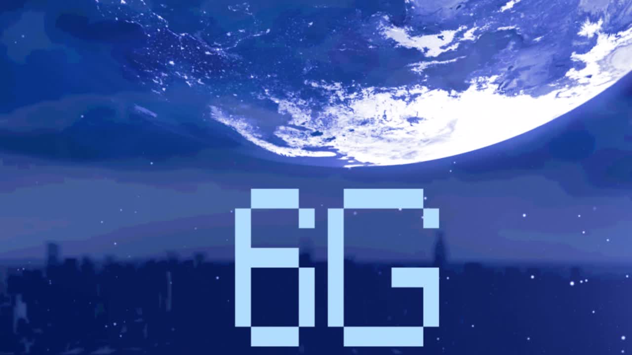 파란색 배경에 지구와 도시 풍경 위의 6g 텍스트의 애니메이션