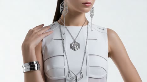 elegant fashion display featuring contemporary jewelry adorning a model, emphasizing unique geometric designs and stylish accessories in a minimalistic setting