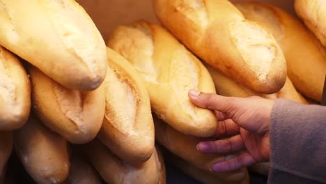 person selecting a loaf of bread at a bakery