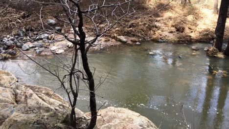 Schwenken-Sie-über-Große-Schneebedeckte-Felsbrocken,-Um-Die-Geschwindigkeit-Des-Winterlichen-Abflusses-In-Oak-Creek,-Sedona,-Arizona,-Zu-Zeigen