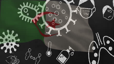 animation of covid 19 virus cells and digital icons over flag of algeria