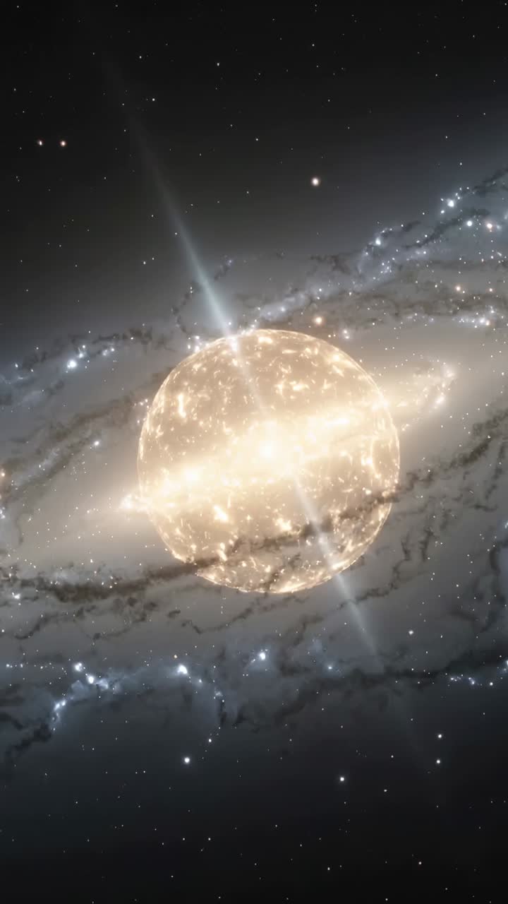 Video verticale: sfera luminosa che appare nel primo fotogramma e ruota lentamente nello spazio, brillando dall'orbita