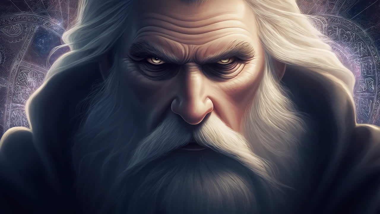 Powerful Wizard with Glowing Eyes and White Beard