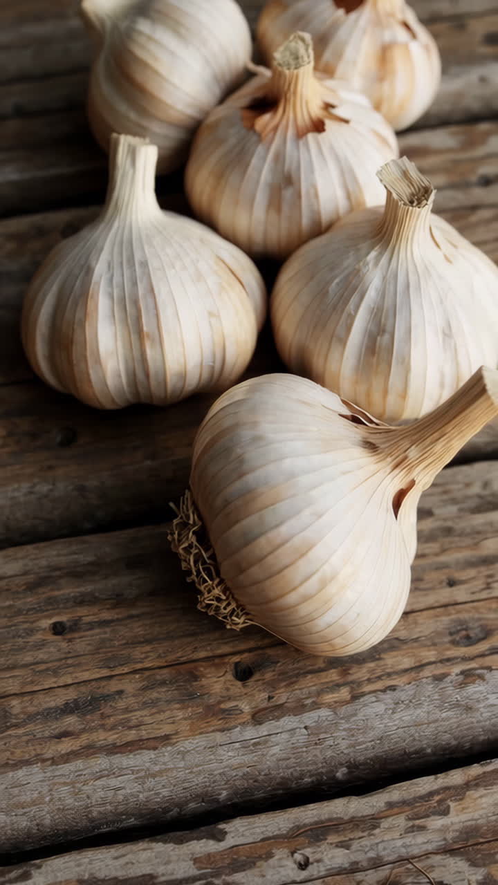 Fresh Garlic Heads on Rustic Wooden Surface