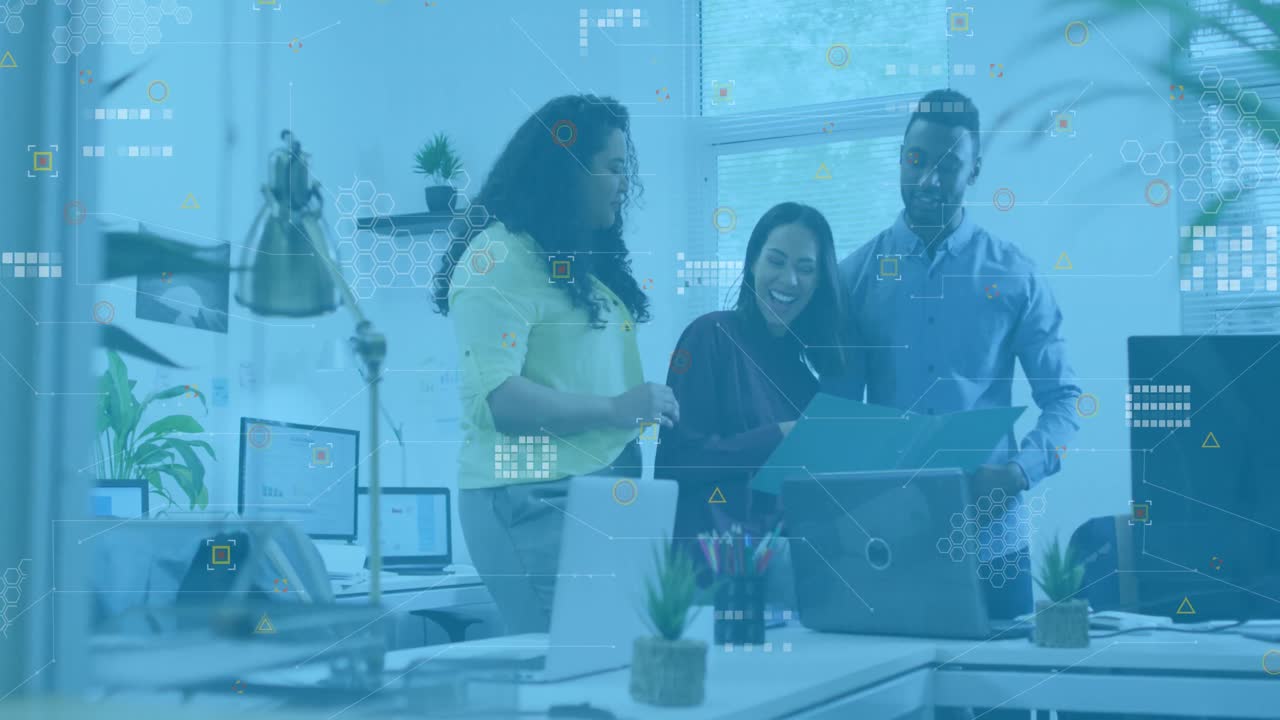 Animation of icons over happy diverse female and male coworkers in office