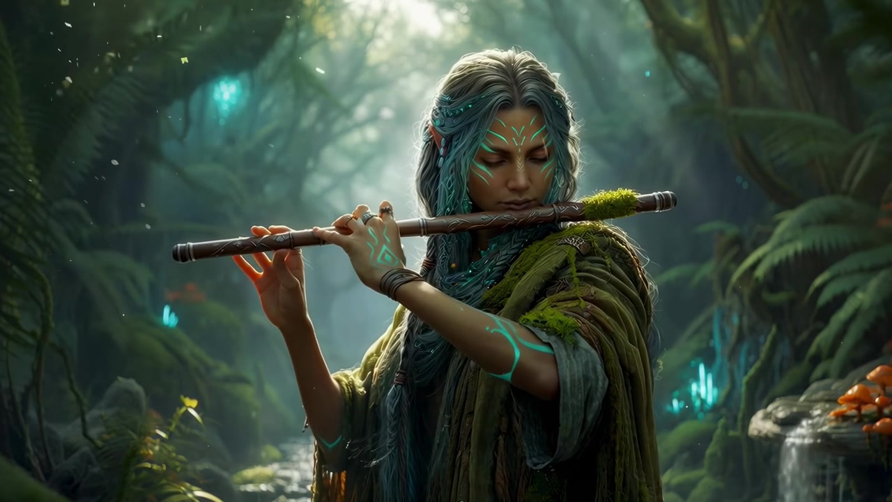 Mulher Elfa Mística Tocando Flauta em uma Floresta Encantada
